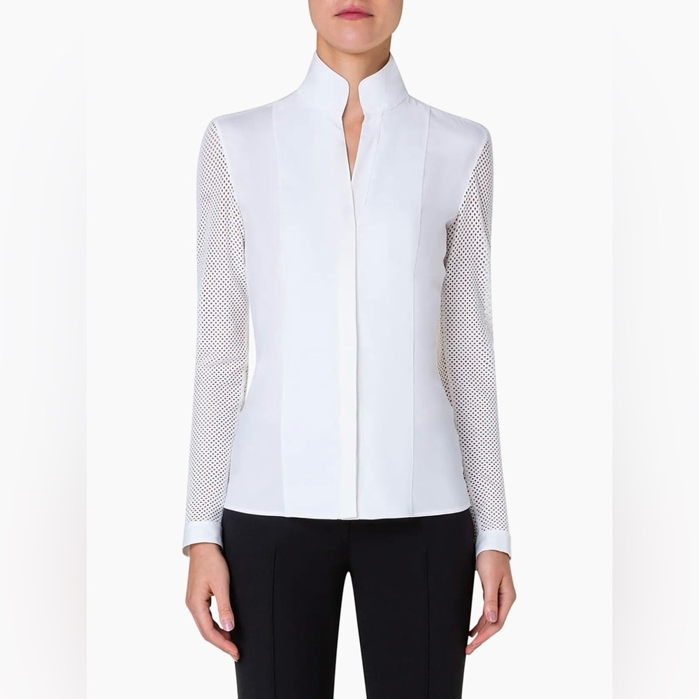 Akris Punto Mesh Sleeve High Neck Blouse Cream Size 16
